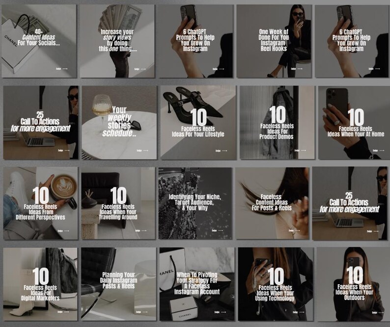 May include: A collage of 16 Instagram post ideas for faceless reels. The posts include tips for growing your Instagram account, creating engaging content, and identifying your target audience. The posts are designed to help you create engaging content that will help you grow your following.