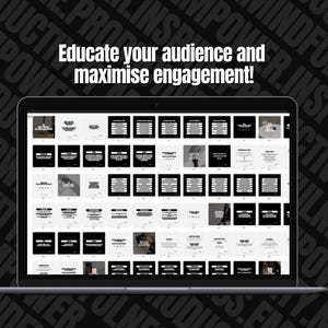 May include: A laptop computer screen displaying a grid of 64 black and white squares with text in each square. The text on the screen reads "Educate your audience and maximise engagement!"