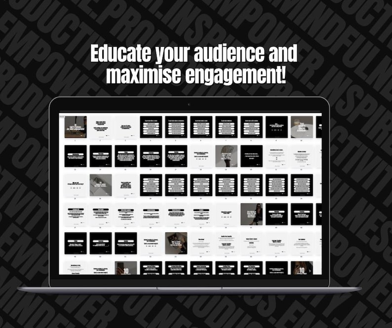 May include: A laptop computer screen displaying a grid of 64 black and white squares with text in each square. The text on the screen reads "Educate your audience and maximise engagement!"