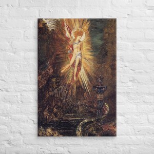 May include: A painting of a woman rising from a dark, swirling background. She is surrounded by a bright, golden light and appears to be ascending to heaven. The painting is done in a dramatic, expressive style.