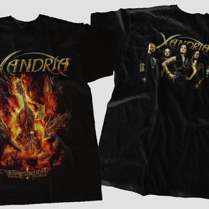 May include: Black t-shirt with a band logo, "Xandria", in gold lettering. The front features a fiery image of a guitar with wings. The back features a band photo with the band name in gold lettering.