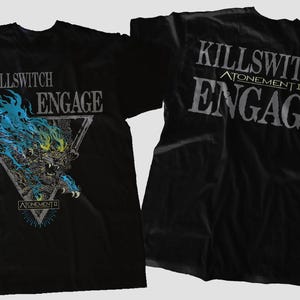 May include: Black t-shirt with a graphic of a blue and yellow flame design with a wolf's head in the center. The text "Killswitch Engage" is above the graphic and "Atonement II" is below. The back of the shirt has the text "Killswitch Engage Atonement II" in white.