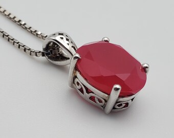 Hot Pink Oval Cut Sterling Silver Pendant on Sterling Silver Chain Necklace - 18 + 2&quot;