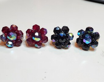 Two Pairs of Vintage Aurorea Borealis Beaded Clip On Earrings - Black and Red