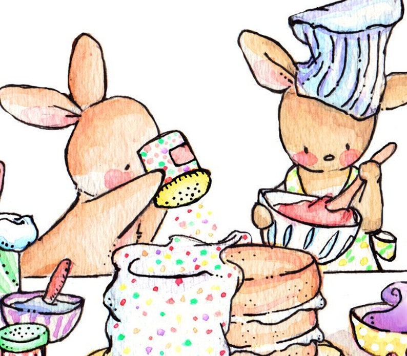 Bunny Baking Day Art Print, Sweet Nursery Decor (8x10)
