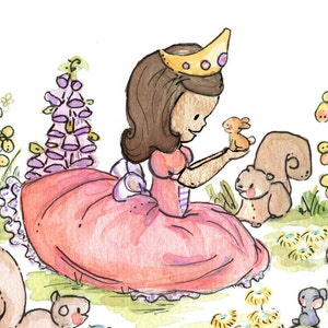 Children Art Print. A Princess in Her Garden. DARKHAIRED. 8X10. Nursery Art Home Decor