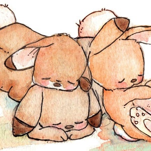 Children Art Print. SLEEPY BUNNIES. 8X10 Print. Nursery Art Wall Decor image 1