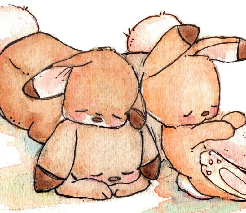 Children Art Print. SLEEPY BUNNIES. 8X10 Print. Nursery Art Wall Decor image 1