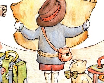 Vintage Traveler Art Print, Boy's Nursery Decor (8x10)