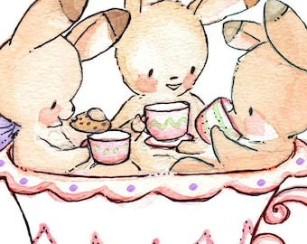 Tea Party in a Teacup - PINK. PRINT 8X10. Children Art Nursery Decor