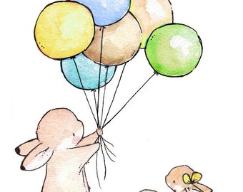 Children Art Print. Balloons for Bunnies BOYS. PRINT 8X10. Nursery Art Wall Decor