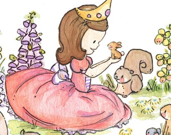 Children Art Print. A Princess in Her Garden. BRUNETTE. 8X10. Nursery Art Home Decor