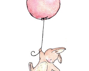Children Art Print. Floating Bunny and Balloon. PRINT 8X10. Nursery Art Home Decor