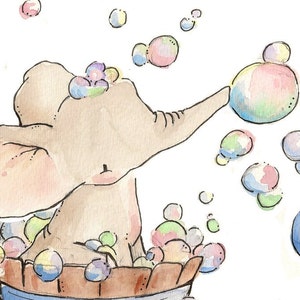 Elephant Bubble Bath. PRINT 8X10. Nursery Art Wall Decor image 1