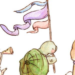 May include: A watercolour illustration of a turtle carrying a flag with three flowing banners in shades of blue, purple and pink. The turtle is wearing a green shell and has a brown stick in its hand.