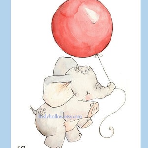 Elephant and Cherry Red Balloon. PRINT 8X10. Nursery Art Home Decor image 2