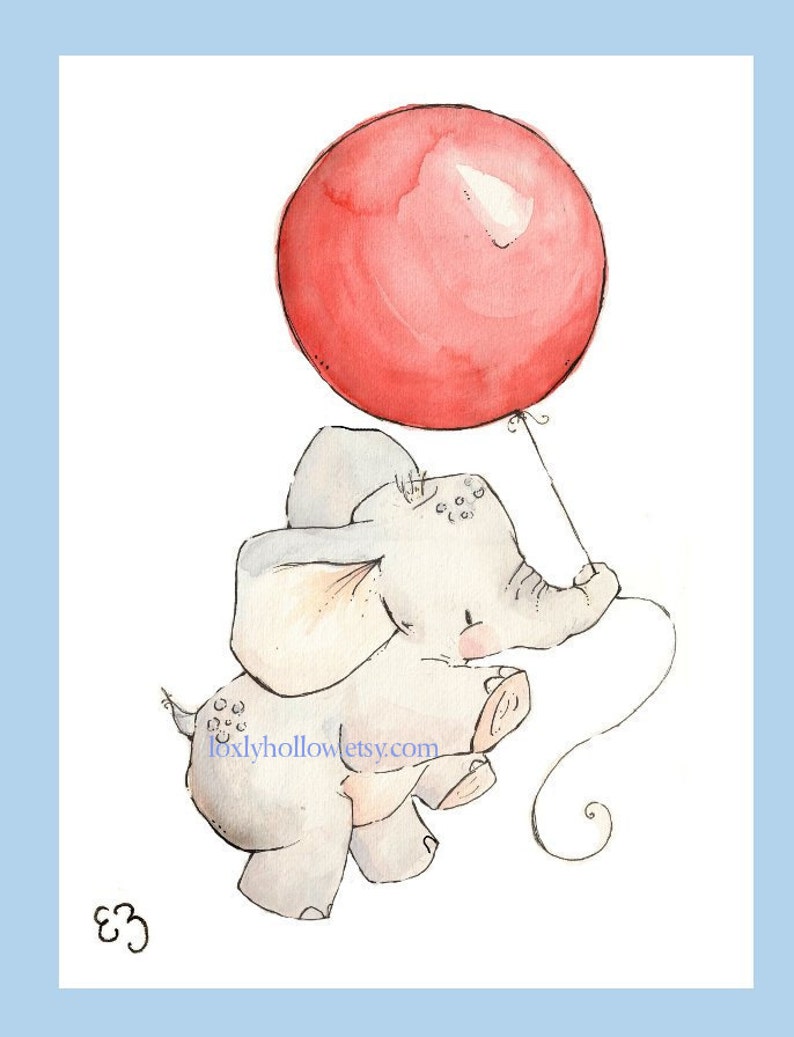 Elephant and Cherry Red Balloon. PRINT 8X10. Nursery Art Home Decor image 2