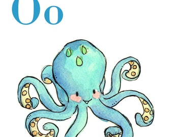 Children Art Print. O is for Octopus. 5X7 PRINT. Nursery Art Home Decor