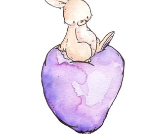 Children Art Print. Bunny and Balloon- PLUM. PRINT 8X10. Nursery Art Home Decor
