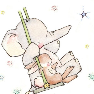 Children Art Print. Bunny and Elephant Swing for the Stars. PRINT 8X10. Nursery Art Home Decor image 1