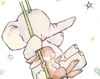 Children Art Print. Bunny and Elephant Swing for the Stars. PRINT 8X10. Nursery Art Home Decor