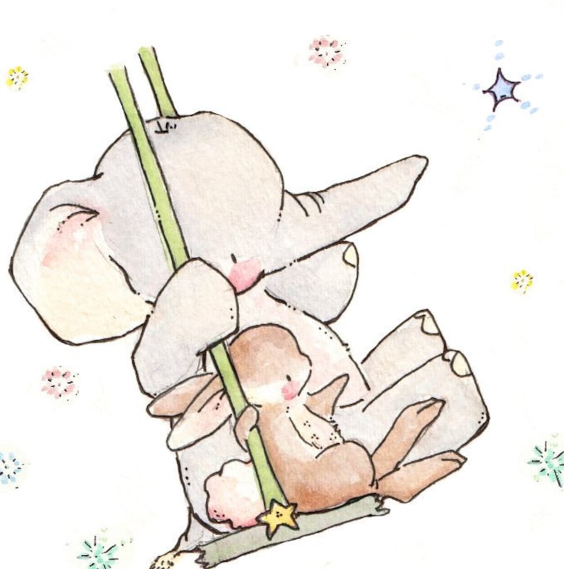 Children Art Print. Bunny and Elephant Swing for the Stars. PRINT 8X10. Nursery Art Home Decor image 1