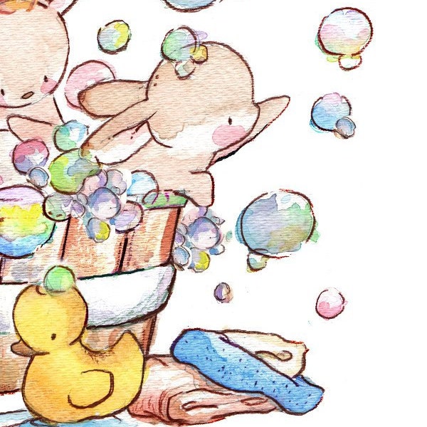 Children Art Print. Bunny Bubble Bath. PRINT 8X10. Nursery Art Home Decor