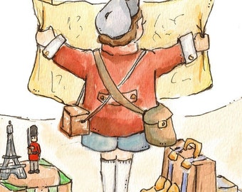 World Traveler Boy. PRINT. 8X10. Nursery Art Wall Decor.