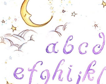 Children Art. HANDPAINTED-Moon and Stars ALPHABET. Print 8X10. Nursery Art Home Decor