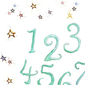 Children Art. HANDPAINTED- STARS Number Chart in SeaFoam. Print 8X10 Nursery Art Home Decor