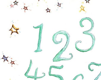 Children Art. HANDPAINTED- STARS Number Chart in SeaFoam. Print 8X10 Nursery Art Home Decor