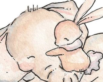 Bunny and Elephant Hug. PRINT 8X10. Nursery Art Wall Decor