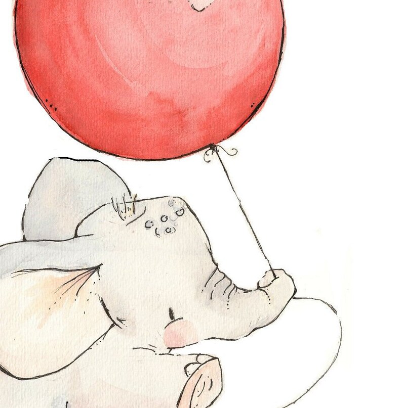 Elephant and Cherry Red Balloon. PRINT 8X10. Nursery Art Home Decor image 1