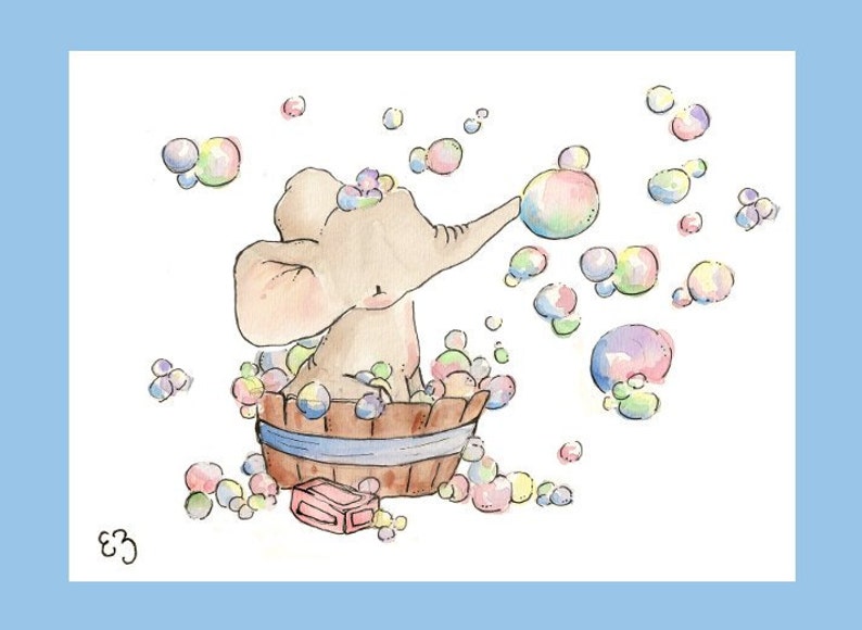 Elephant Bubble Bath. PRINT 8X10. Nursery Art Wall Decor image 2