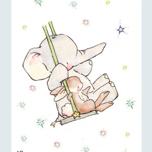 Children Art Print. Bunny and Elephant Swing for the Stars. PRINT 8X10. Nursery Art Home Decor image 2