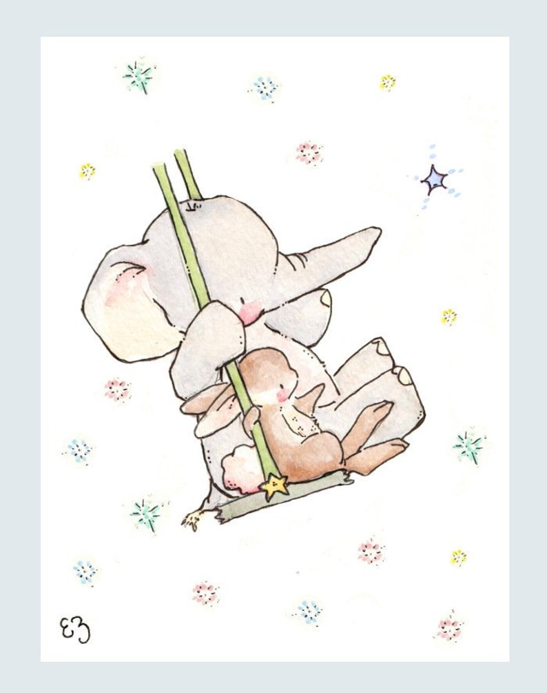 Children Art Print. Bunny and Elephant Swing for the Stars. PRINT 8X10. Nursery Art Home Decor image 2