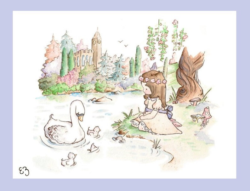 Princess and the Swans. 8X10 PRINT. Nursery Art Home Decor image 2