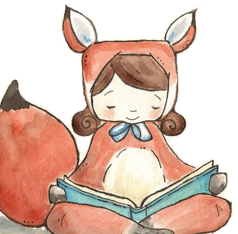 Foxy Girl is Reading. PRINT 8X10. Nursery Art Home Decor image 1