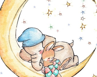 Children Art. Sleepy on the Moon. PRINT 8X10. Nursery Art Home Decor