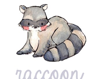 Children Art Print. R is for Raccoon. 8X10 PRINT. Nursery Art Home Decor