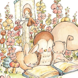Children Art Print. GARDEN READING. Print 8X10. Nursery Art Home Decor