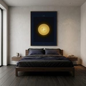 May include: A framed art print featuring a yellow and gold concentric circle design against a dark blue background, resembling a celestial body. The artwork hangs above a bed with dark bedding and wooden furniture.