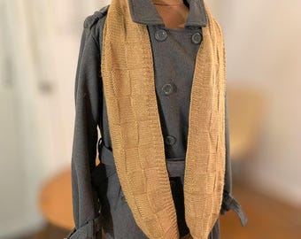 Large Angora-Bamboo-Wool Checkerboard Infinity Scarf, Luxurious Natural Fiber Sustainable Outerwear, Fine Knit Eco-Friendly Circular Scarf