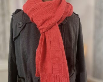 Long Length Angora-Wool-Bamboo Knit Scarf, Luxurious Natural Fiber Sustainable Outerwear, Fine Gauge Checkerboard Stitch Pattern Accessory