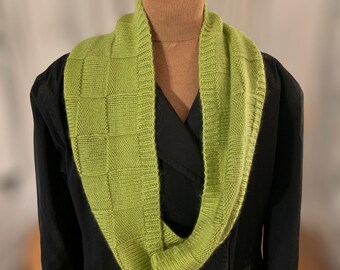 Short Angora-Bamboo-Wool Checkerboard Infinity Scarf, Luxurious Natural Fiber Sustainable Outerwear, Fine Knit Eco-Friendly Circular Scarf