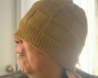 Large Alpaca-Silk Checkerboard Beanie, Fine Knit Head Protection, Classic Style Modern Fit Skull Cap, Naturally Luxurious Eco-Friendly Hat