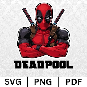Puede incluir: Una ilustración de Deadpool, un superhéroe, en rojo y negro, con los brazos cruzados y dos katanas detrás de él. El texto "DEADPOOL" está debajo de la imagen.