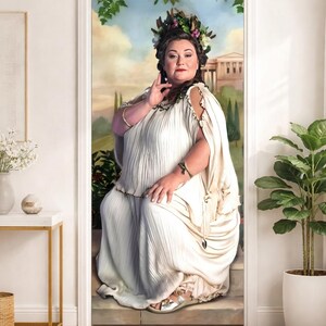 May include: Door mural featuring a woman in a white gown, with a floral crown, posing in front of a classical backdrop. The mural is designed to fit a door that is 30x80 inches. Text reads: "Transform Your Door into Art" and "Fits Any Interior Door."