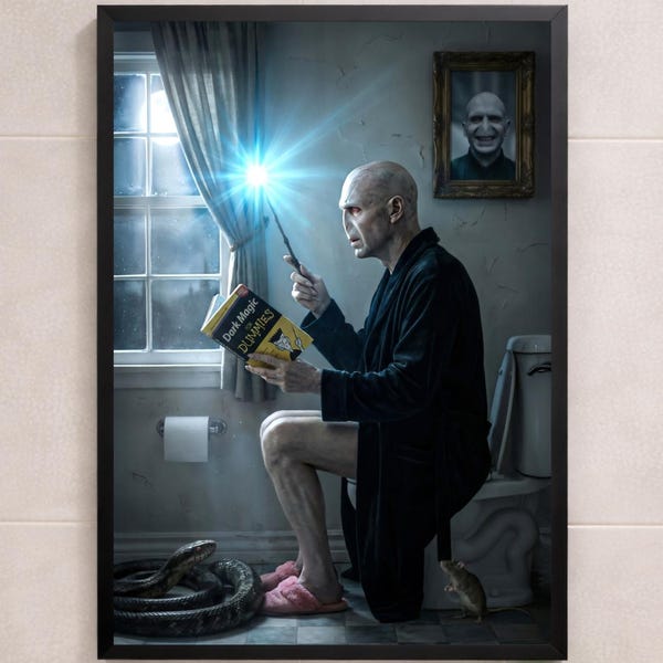 Póster de baño con un mago oscuro, divertido, con humor mágico y serpiente (descarga digital)