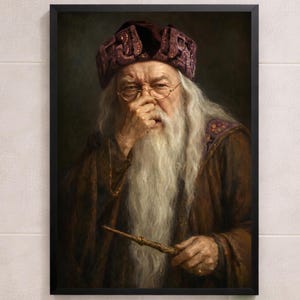 May include: A framed portrait of a wizard with a long white beard, glasses, and a burgundy hat. He holds a wand and is dressed in brown robes. The artwork is displayed above a toilet in a bathroom setting.
